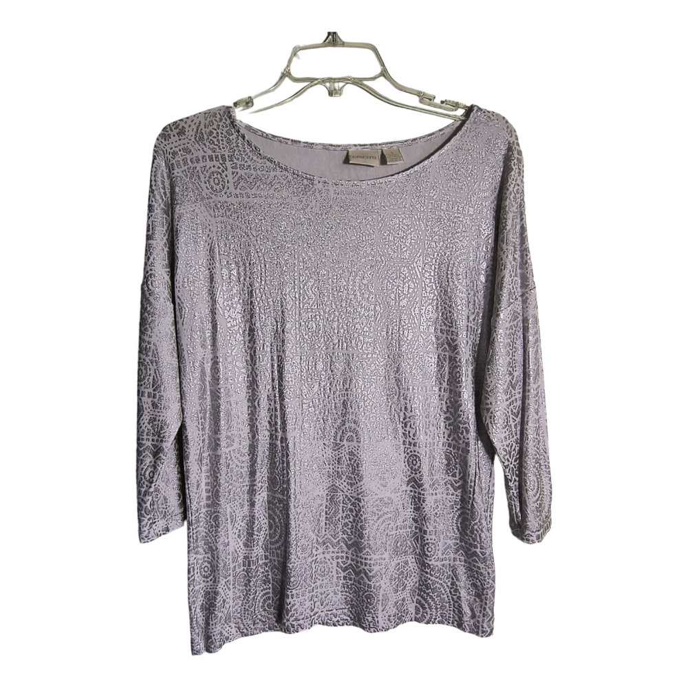 Chico's Silver white  Long sleeve medallon print stretch knit pullover top sz M